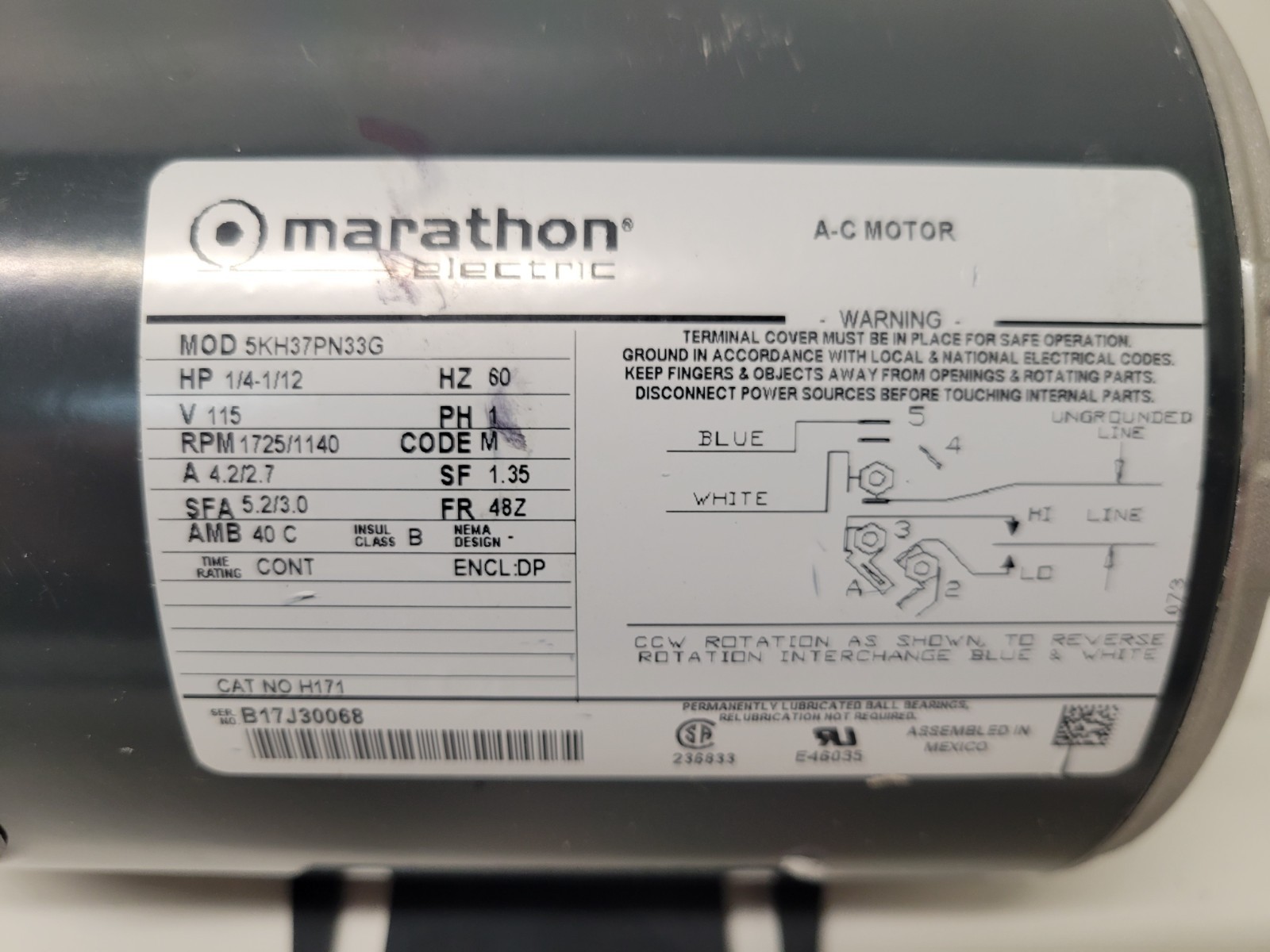 NEW OLD STOCK! MARATHON ELECTRIC 1/4-1/12HP 1725/1140RPM MOTOR 5KH37PN33G