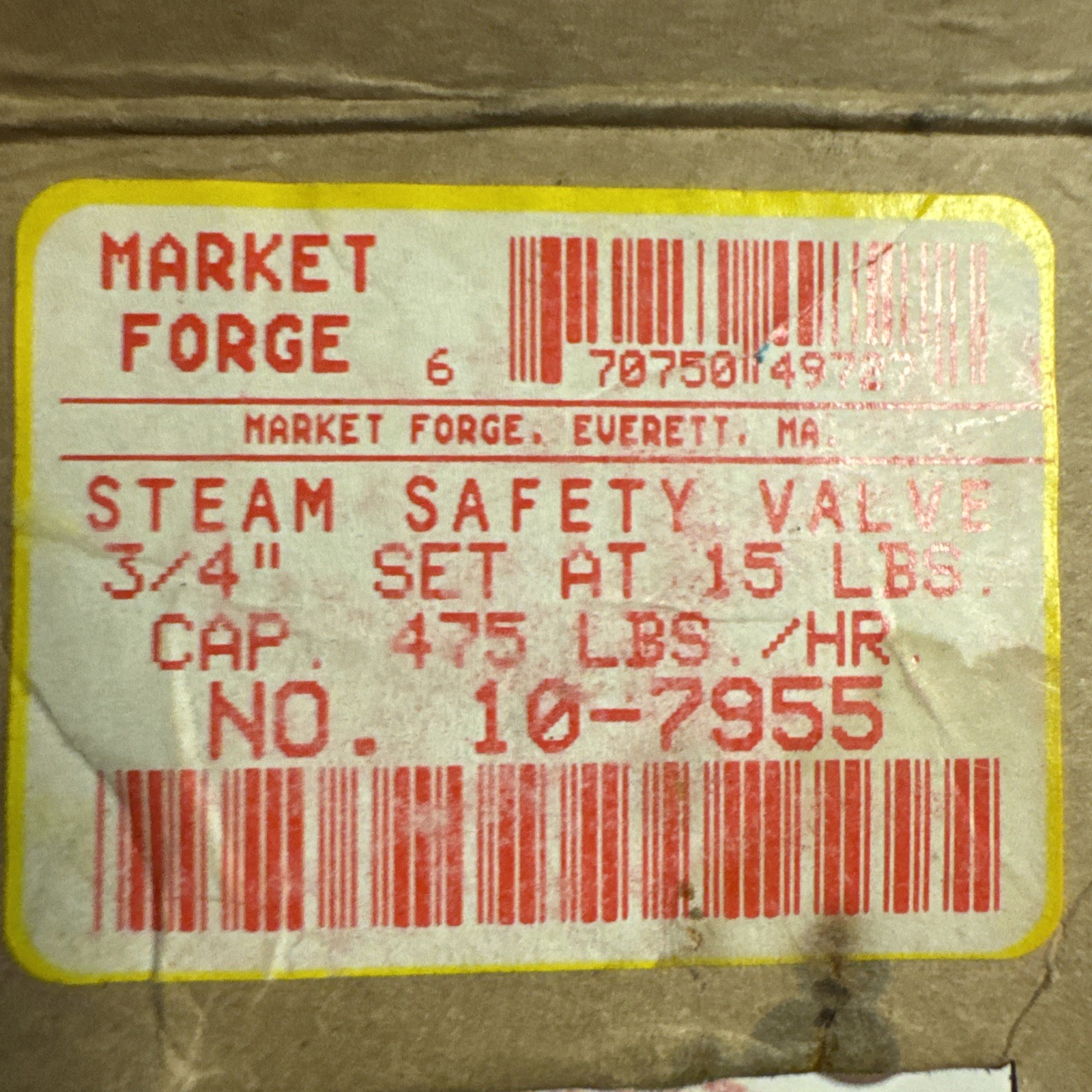 Market Forge S10-7955 Steam Safety Valve 3/4 New old Stock USA made