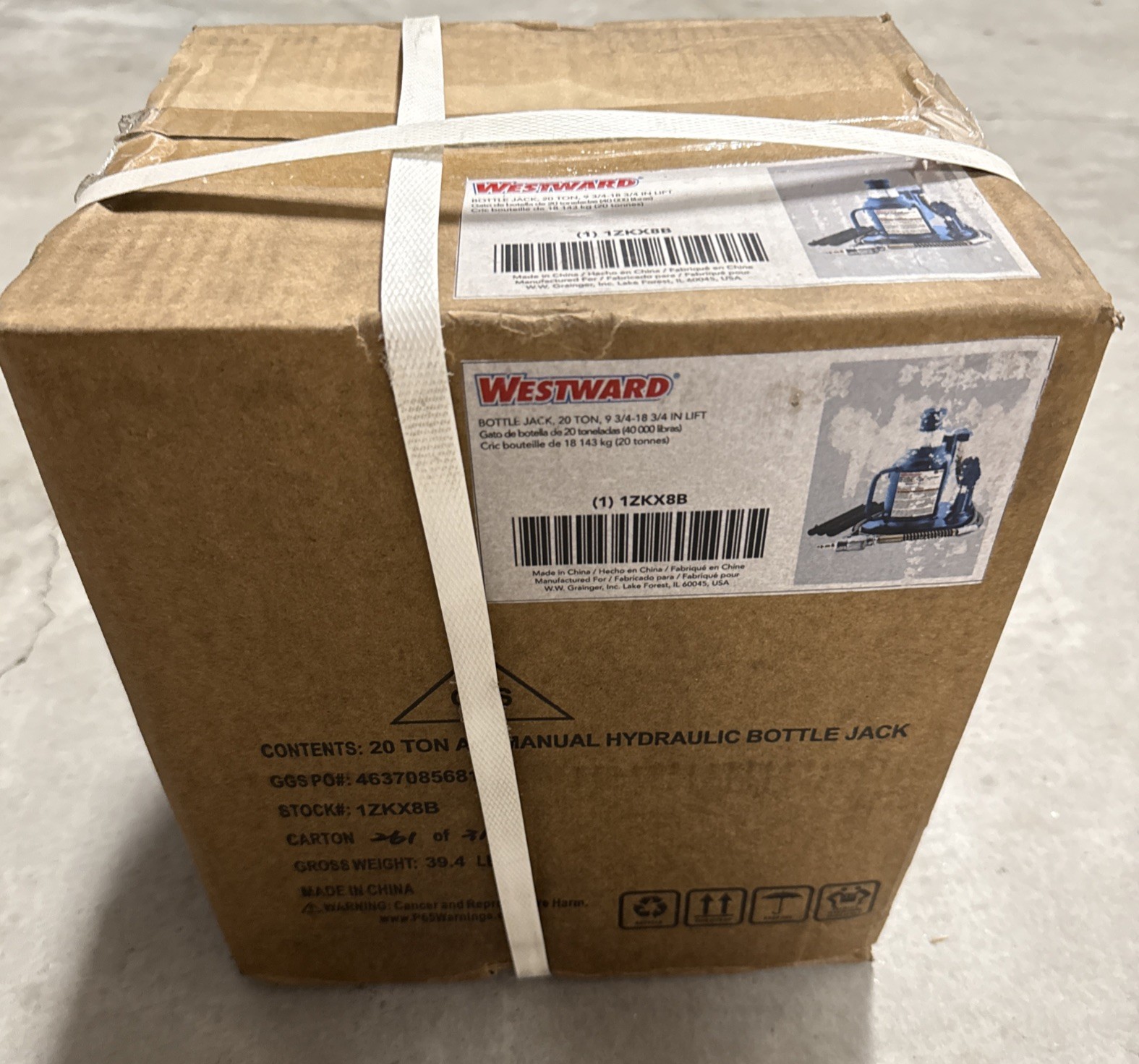 Westward 1ZKX8 Bottle Jack, 20 Ton Manual Hydraulic, 9 3/4 – 18 3/4 In Lift