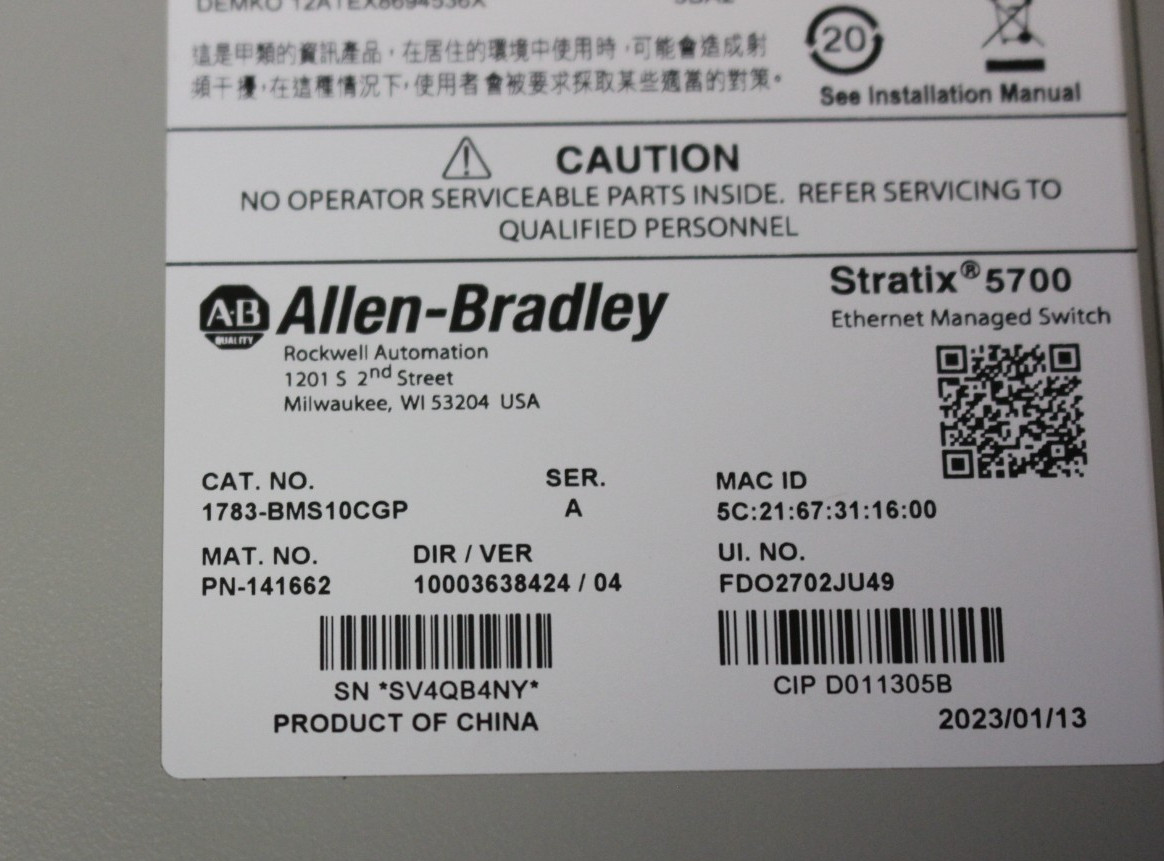 ALLEN BRADLEY STRATIX 5700 ETHERNET MANAGED SWITCH 1783-BMS10CGP SER. A