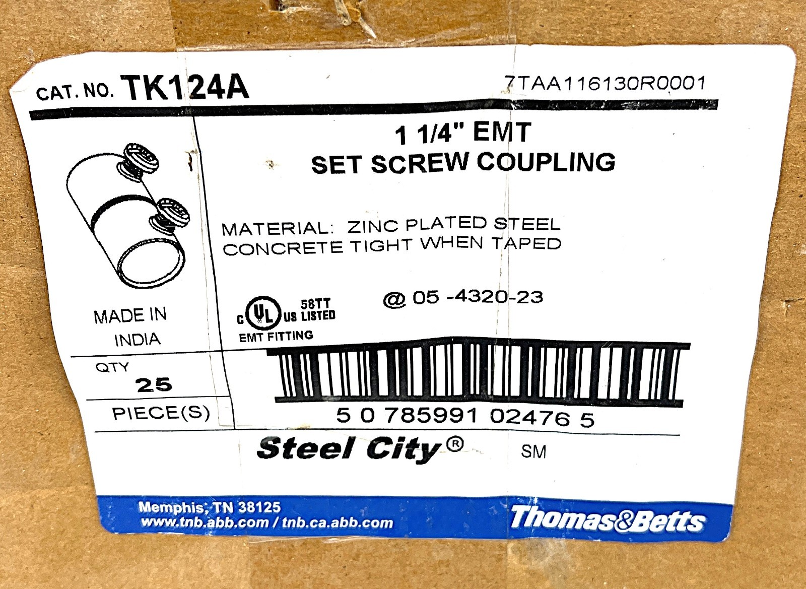 THOMAS & BETTS, MODEL TK124A, SIZE 1-1/4″, EMT SET SCREW TYPE COUPLING, SURPLUS