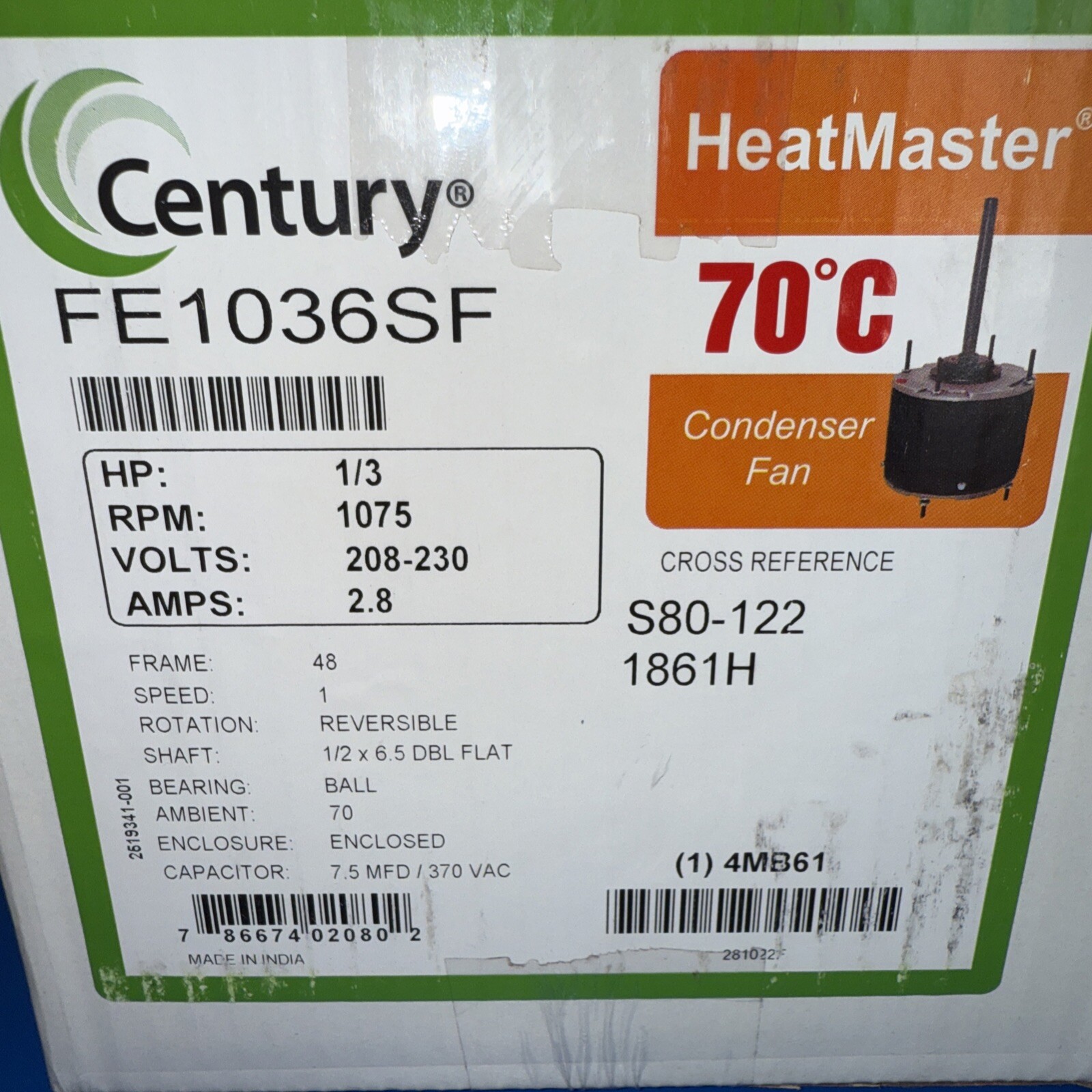 CENTURY FE1036SF Condenser Fan Motor,1/3 RPM 1075 ,S80-1221861H