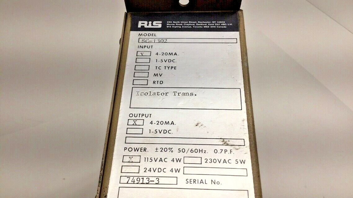 RIS SC-1300 Used Isolator Transmitter 4-20MA Input 4-20MA Output 115VAC