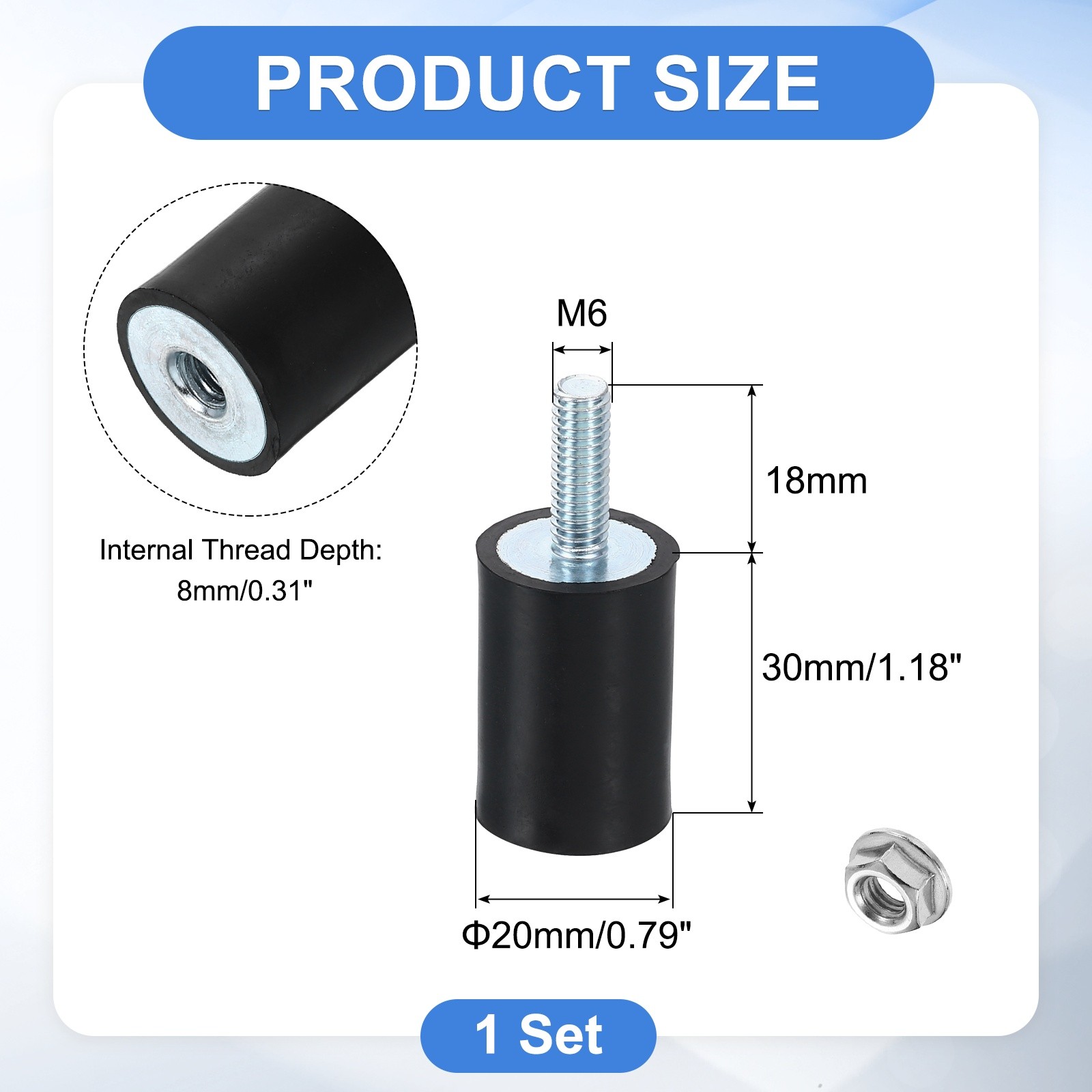 1Pcs M6x18mm Rubber Mounts, 20x30mm(DxH) Rubber Shock Absorber Mount with Nuts
