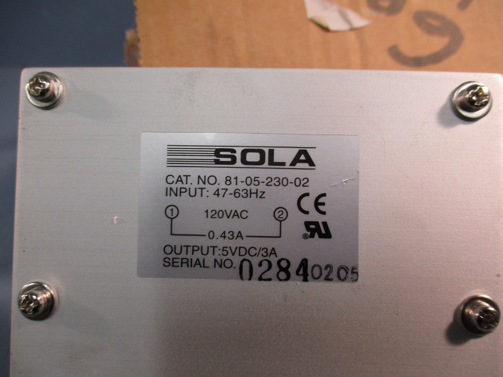 SOLA 81-05-230-02 120VAC 0.43A 47-63Hz DC POWER SUPPLY