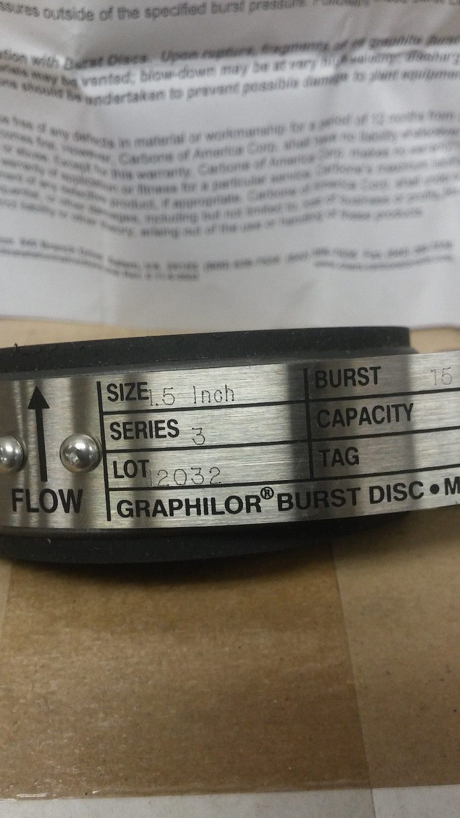 MCMASTER CARR 1.5″ Series 3 15 PSIG Graphite Flanged GRAPHILOR BURST DISC