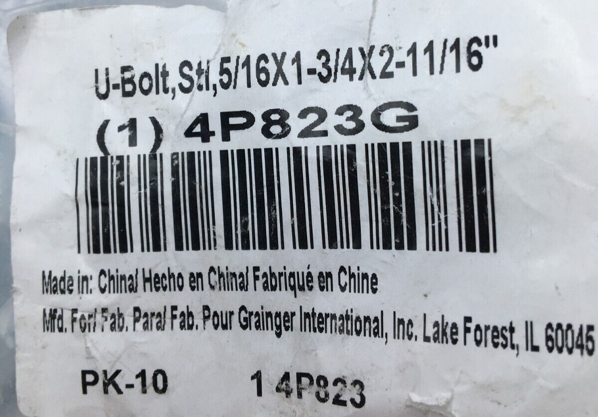 Grainger Lot of 9 U-Bolt W Mounting Plate Steel 5/16×1-3/4×2-11/16″ 4P823G New
