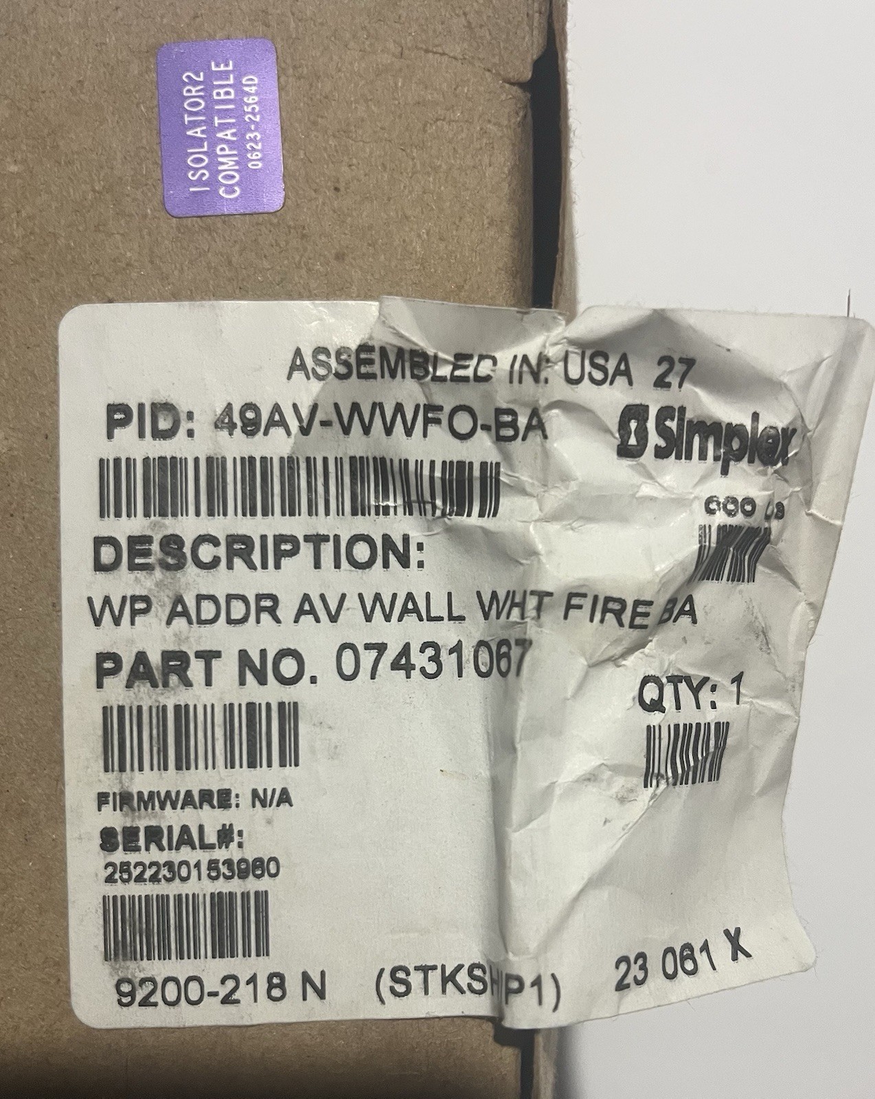 Simplex 49AV-WWFO-BA TrueAlert ES Addressable Horn Strobe