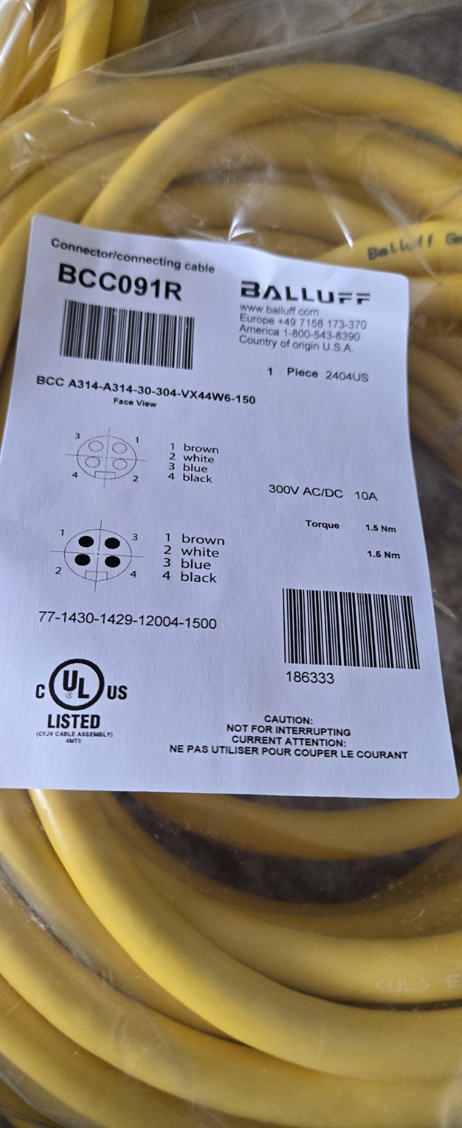BALLUFF BCC091R A314-A314-30-304-VX44W6-150 BRAND NEW HEAVY 300V ACDC 10A
