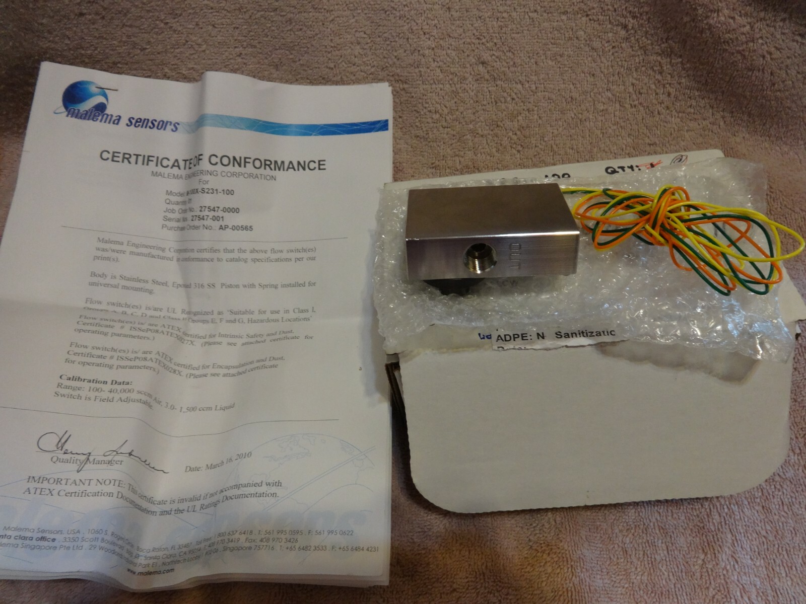 MALEMA SENSORS, M-100X Series Ex-proof Adjustable Flow Switches M-100X-S231-100