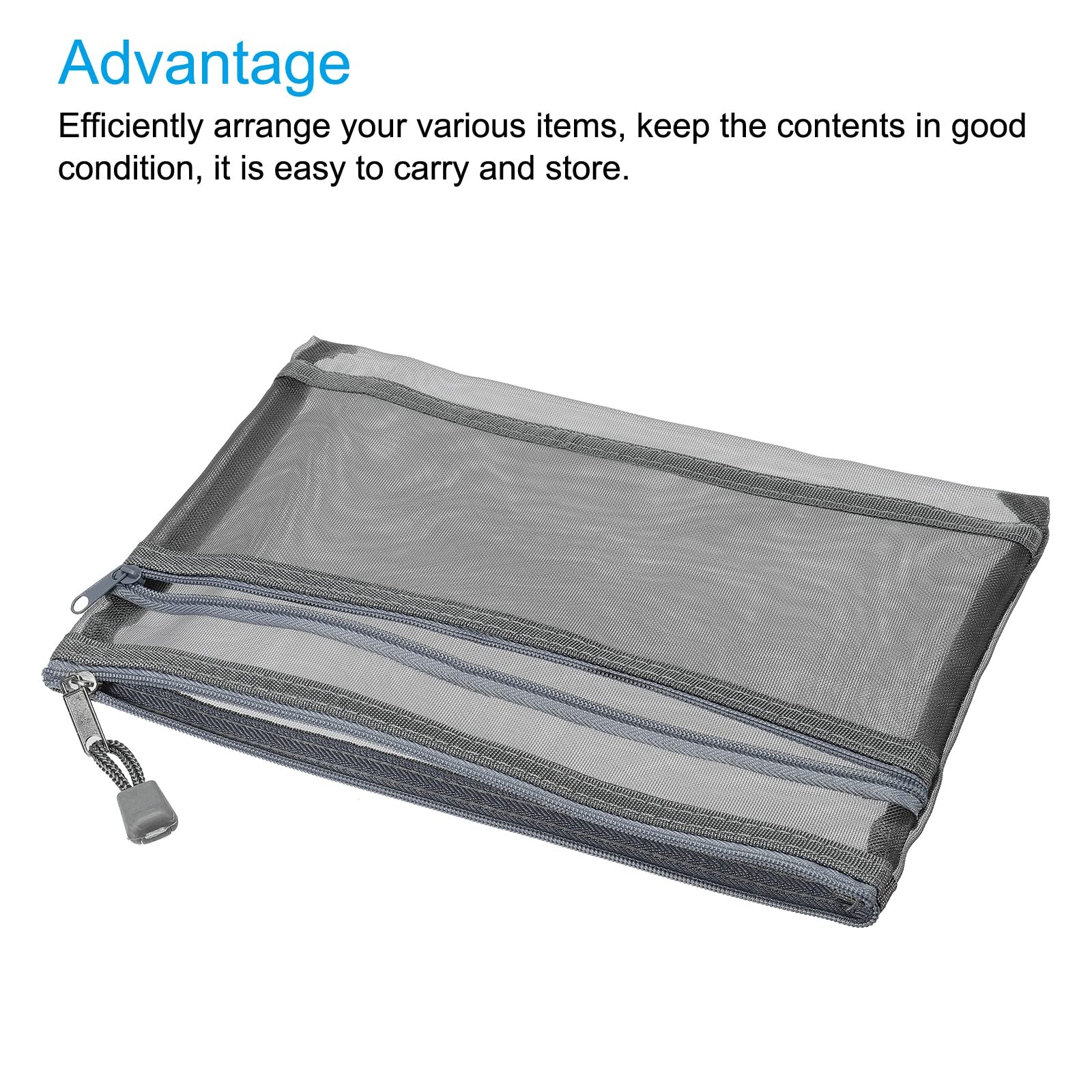 MECCANIXITY Mesh Zipper Bags, A5 Nylon Double Layer Zip File Pouch Gray
