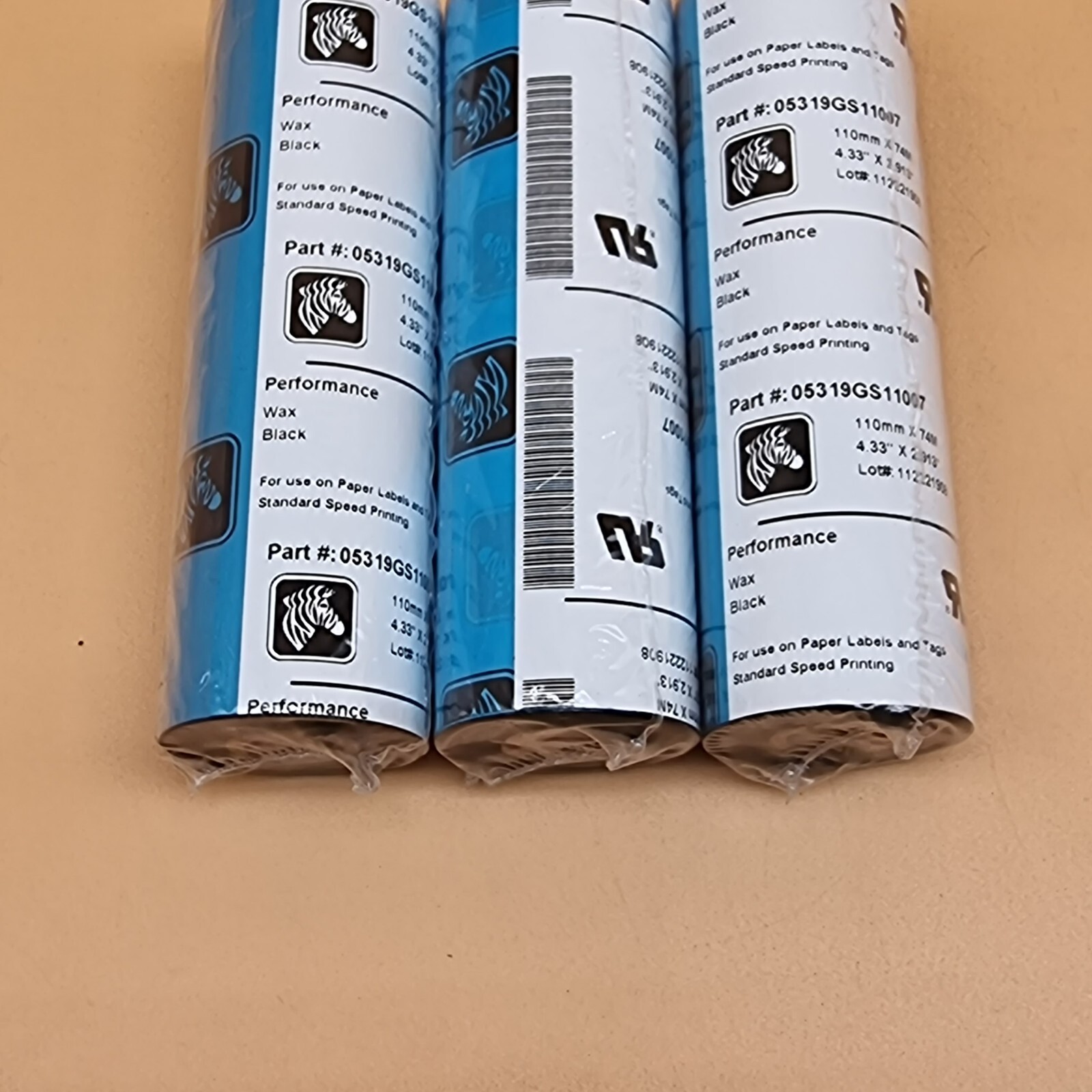 Lot Of 3 Zebra 05319GS11007 Performance Wax Ribbon, 110mm x 74m, Black