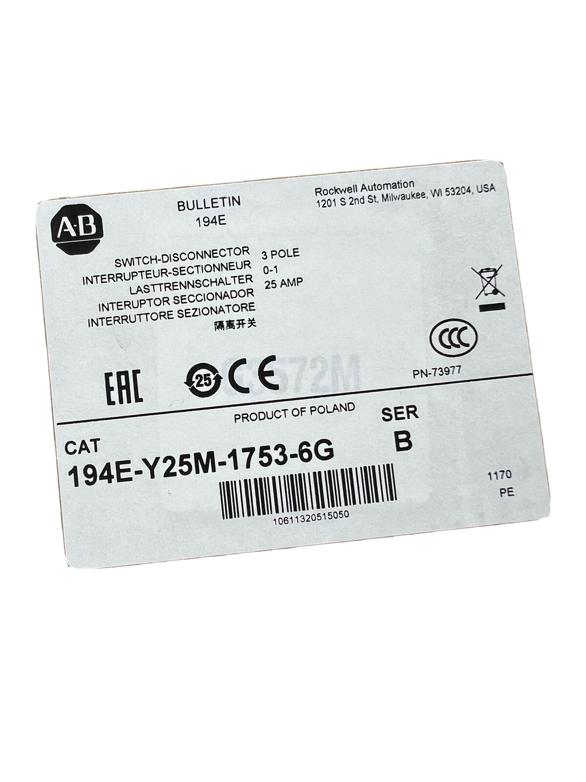 Allen Bradley 194E-Y25M-1753-6G 25A 3P Load Switch New In Box USA