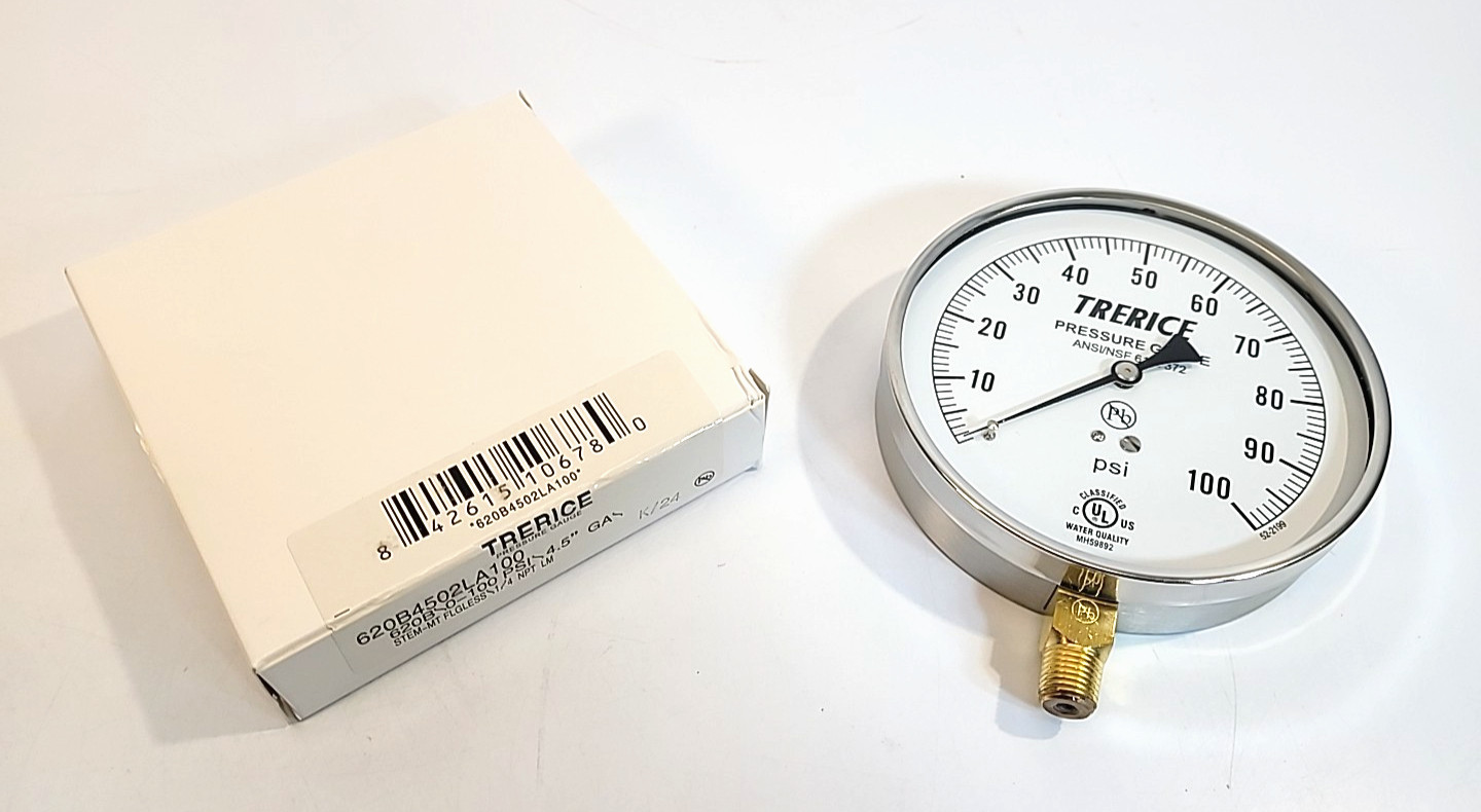 NEW TRERICE 620B4502LA100 PRESSURE GAUGE 4.5″ 0-100 PSI 1/4″ NPT 620B 61 & 372