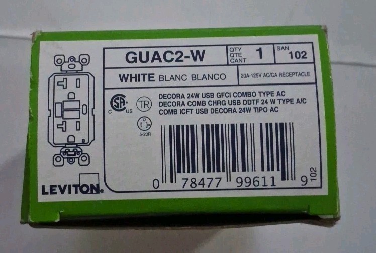 Leviton GUAC2-W 20 Amp, 125 Volt, Tamper-Resistant GFCI Receptacle, White