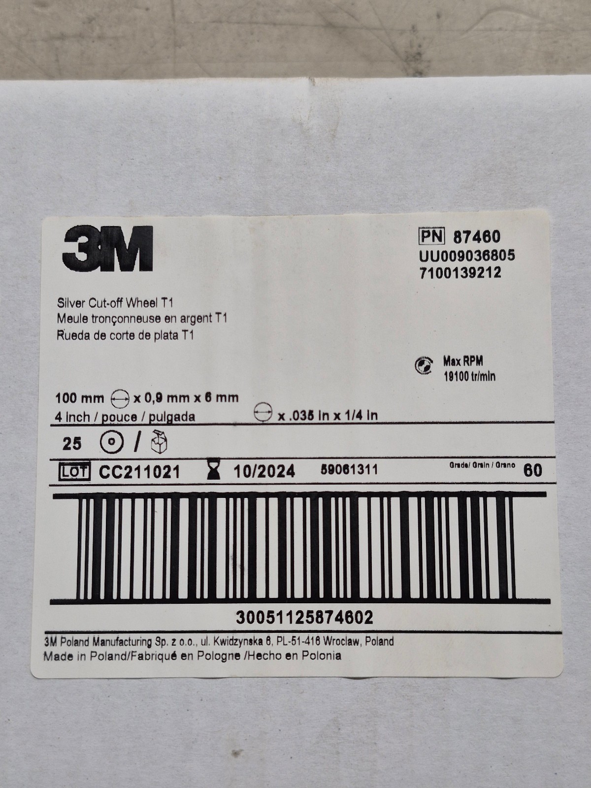 25 PK – 3M Silver Cut-Off Wheel 87460 T1 4 in x .035 in x 1/4 in GRIT 60