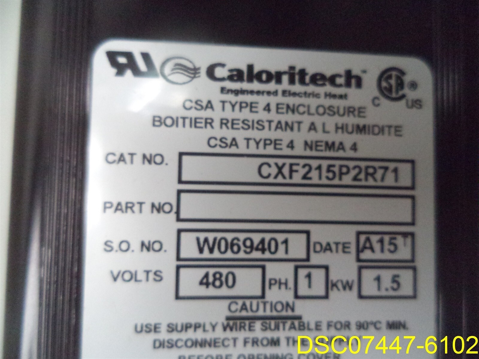 Caloritech CXF215P2R71 Heater 480V 1 Ph, 1.5kW