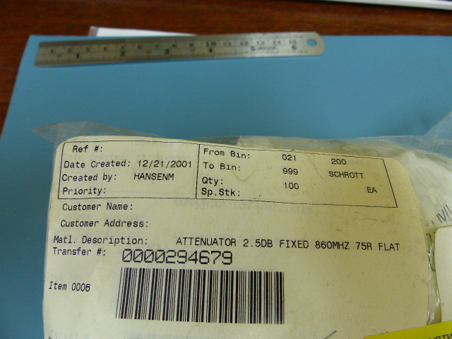 Scientific Atlanta 189406 Qty of 20 per Lot 2.5dB ATTENUATOR TO5 860MHZ 75 O