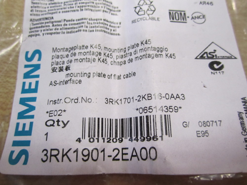 Siemens 3RK1-901-2EA00 Mounting Plate 3RK19012EA00 (Pack of 12)