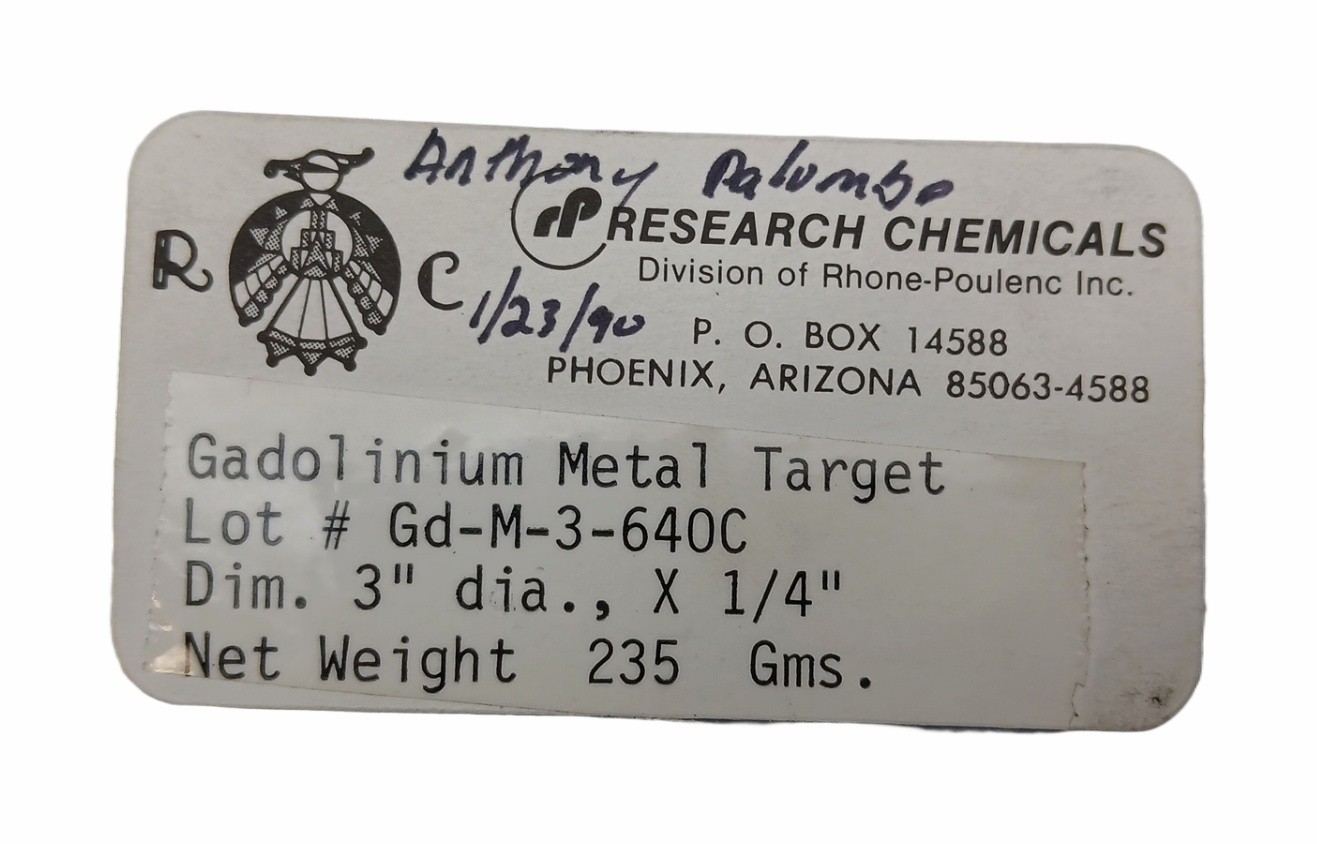 Gadolinium Sputter Target Gd 99.99% 3in Diameter 0.25in Thick