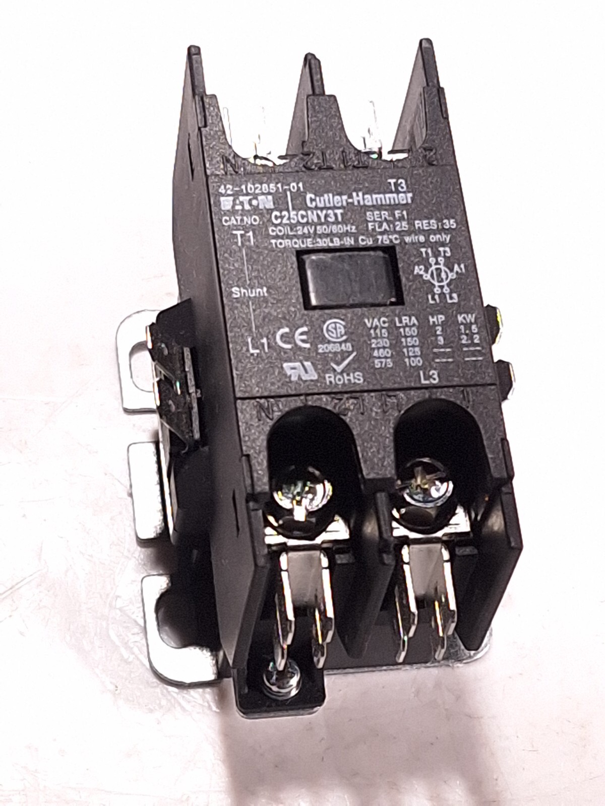 EATON CUTLER HAMMER C25CNY3T CONTACTOR 1P W/SHUNT FLA 25 RUUD 42-102851-01 OEM