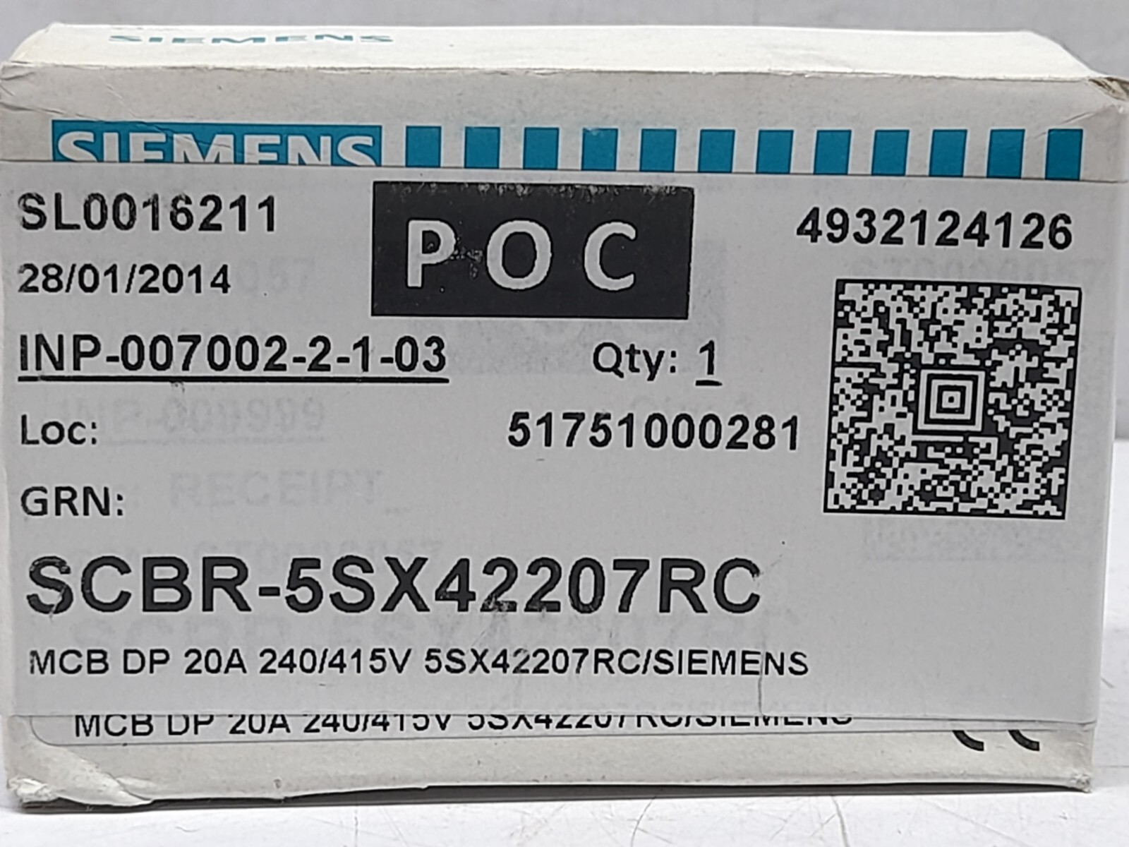 Siemens SCBR-5SX42207RC MCB DP 20A 240/415A 5SX42 5SX42207RC Miniature Circuit B