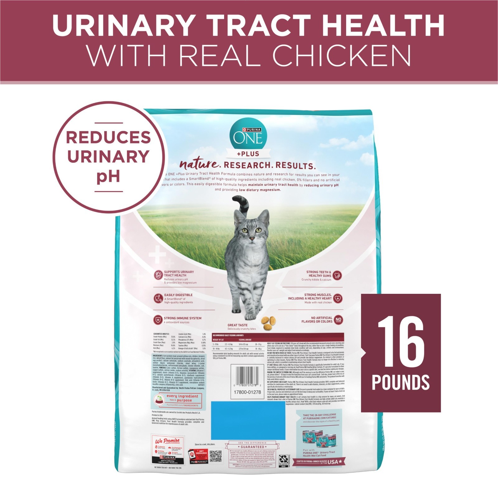 Purina ONE High Protein Dry Cat Food,+Plus Urinary Tract Health Formula 16lb,2PK