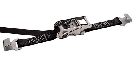 STAINLESS RATCHET ASSEMBLY TIE DOWN W/HOOKS, BLACK 1″X12″X10′, 304 SS