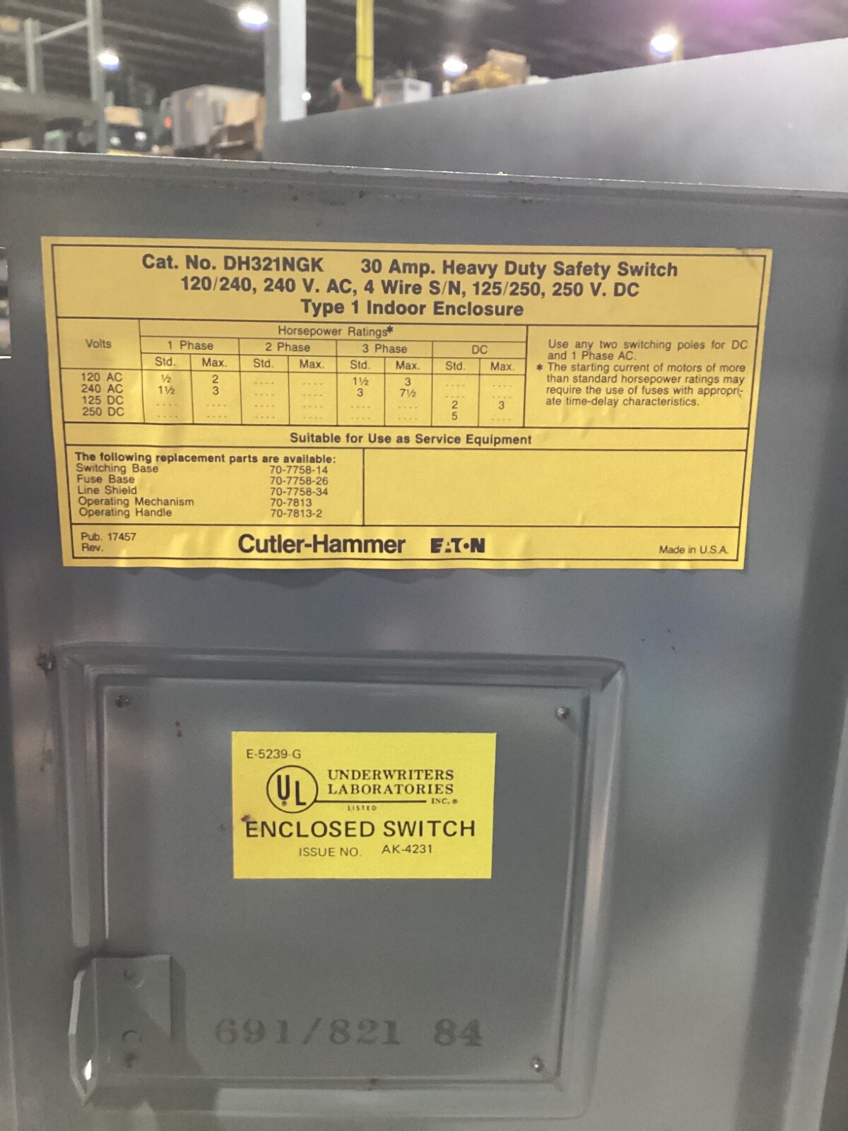 CUTLER HAMMER DH321NGK 30A HEAVY DUTY SAFETY SWITCH #108D81PR5*CO