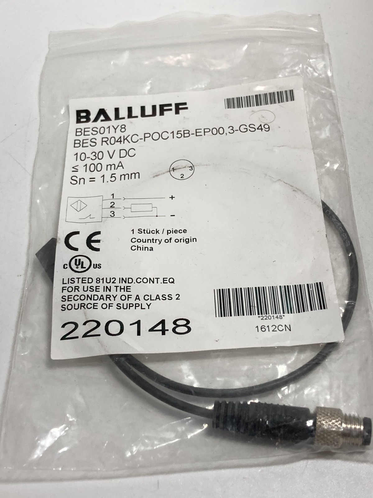 BALLUFF BES R04KC-POC15B-EP00,3-GS49 INDUCTIVE SEN 10-30VDC 100MA SN 1.5MM NIB