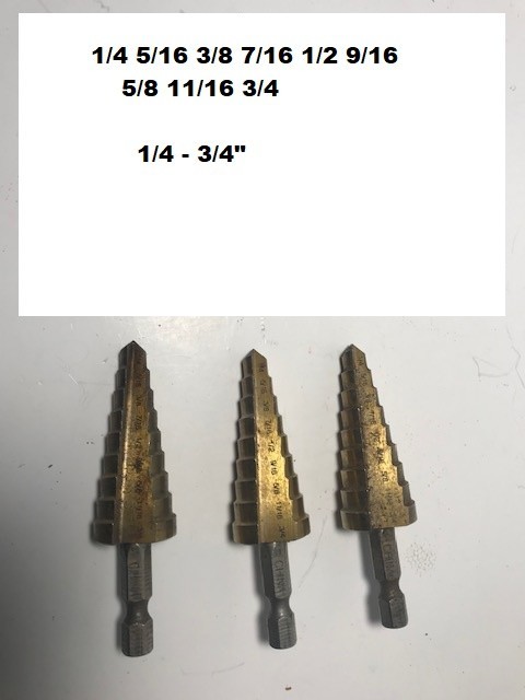 Step Drill Bits Titanium Cutter Cone 3/16 – 7/8, 1/4 – 3/4, 1/8 – 1/2″(Lot of 7)