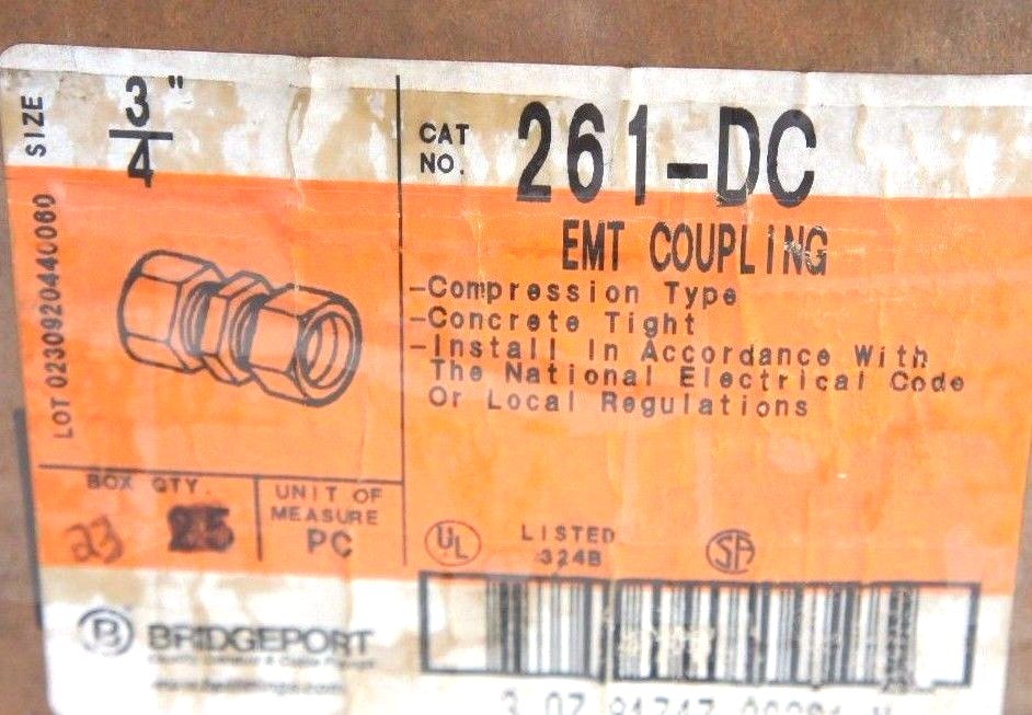 BOX OF 23 BRIDGEPORT 261-DC EMT COUPLINGS 3/4″ COMPRESSION TYPE CONCRETE TIGHT