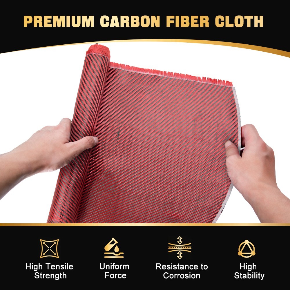 12″ x 5FT Twill Weave Black Red Carbon Fiber Fabric Cloth (3K, 9oz, 12″x59″)