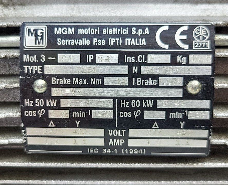 MGM Brake Motor BA 71B4 277/480V IP54 S1 1.9 1.1 Amp