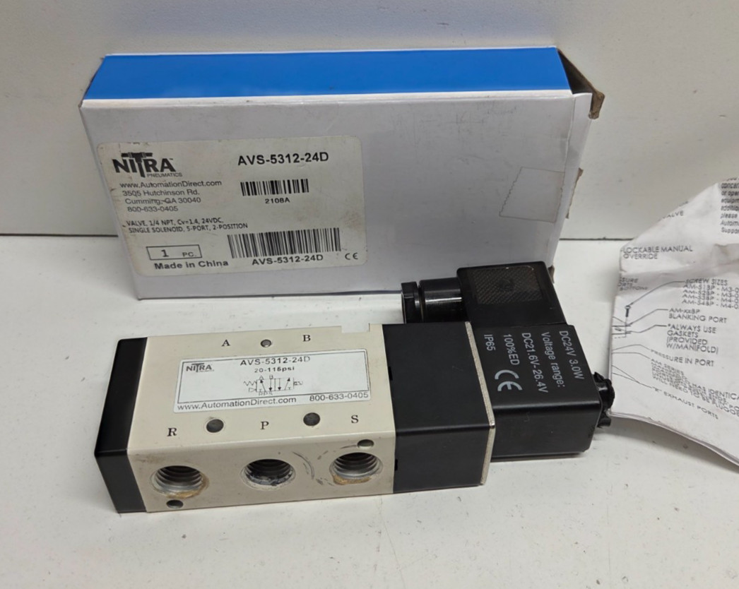 GOOD USED NITRA 24V 1/4″ NPT 5PORT 2POS SOLENOID VALVE *BROKE KNOB* AVS-5312-24D