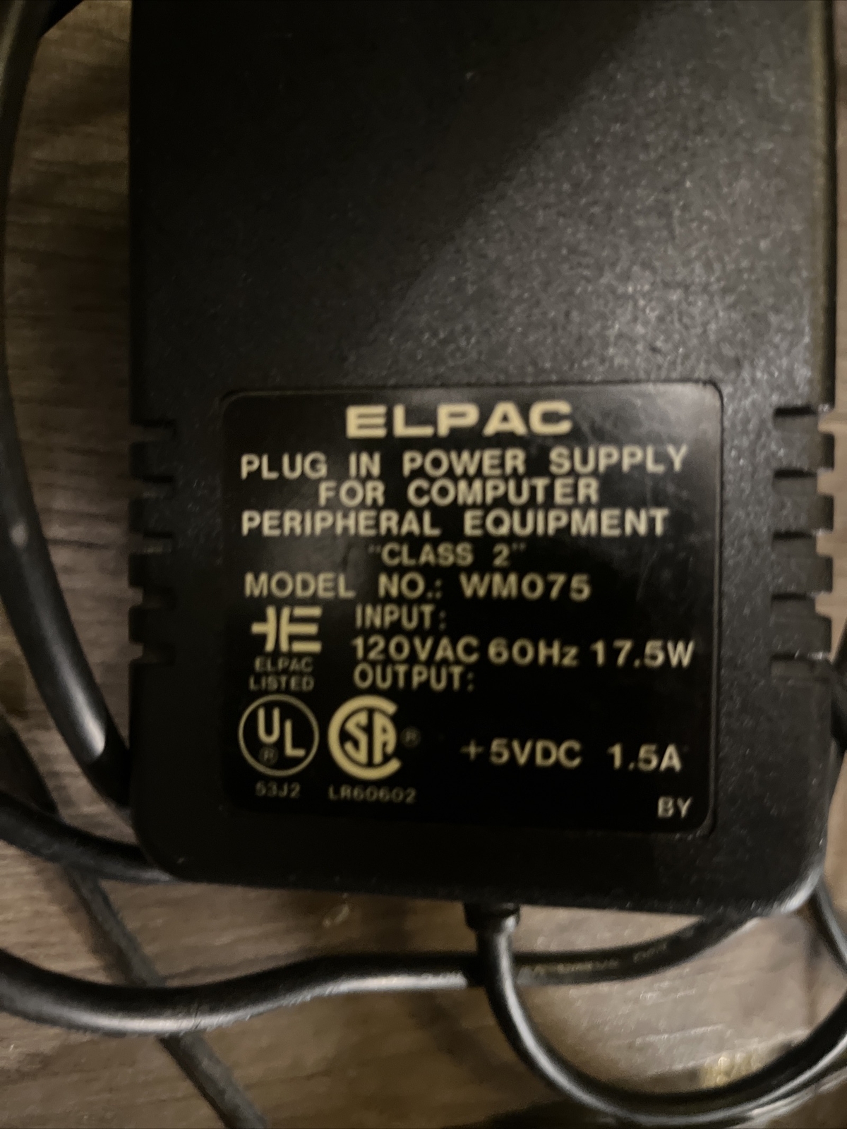 Elpac Class 2 Power Supply – Model NO: WM075 – Input: 120VAC 60Hz 17.5W
