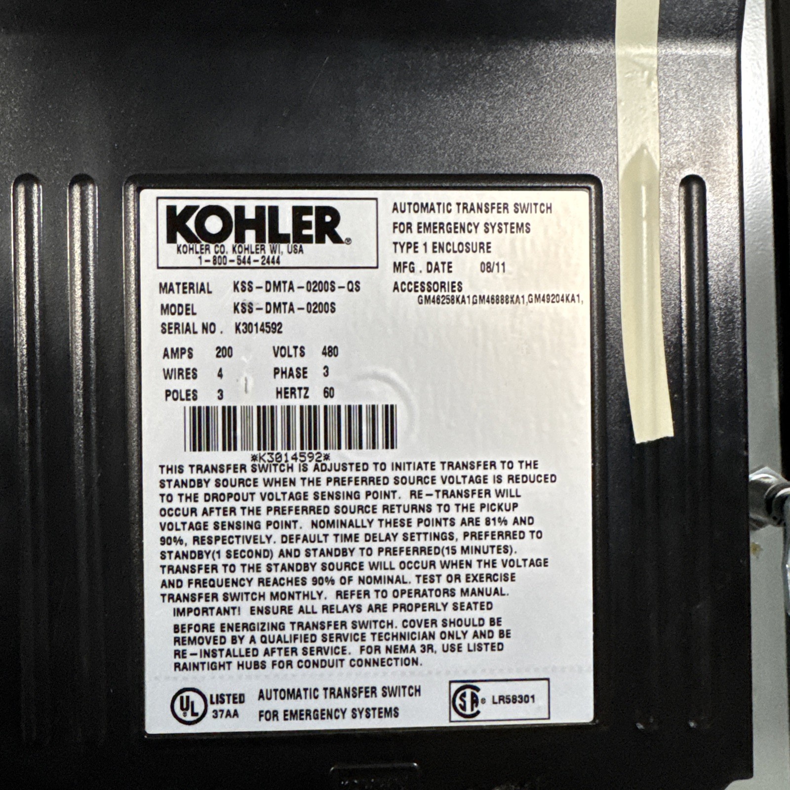 Transfer switch, Auto, 200A, 480V, 4 Wires, 3 Poles, 3ph, KSS-DMTA-0200S, Kohler