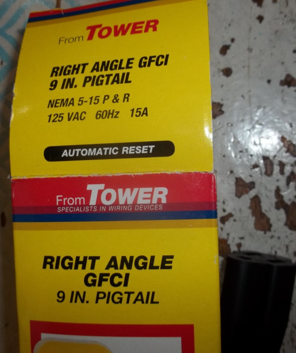 TOWER RIGHT ANGLE GFCI 9″ PIGTAIL 125VAC 15A 60HZ 30434007 PLUG CORD YELLOW(808)