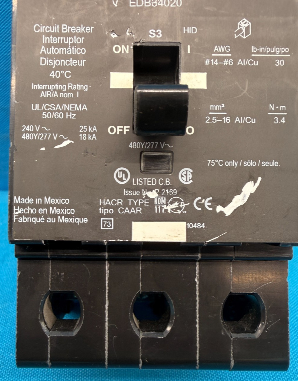 Square D EDB34020 Circuit Breaker 20A 3P 480Y/277V Bolt-On Schneider