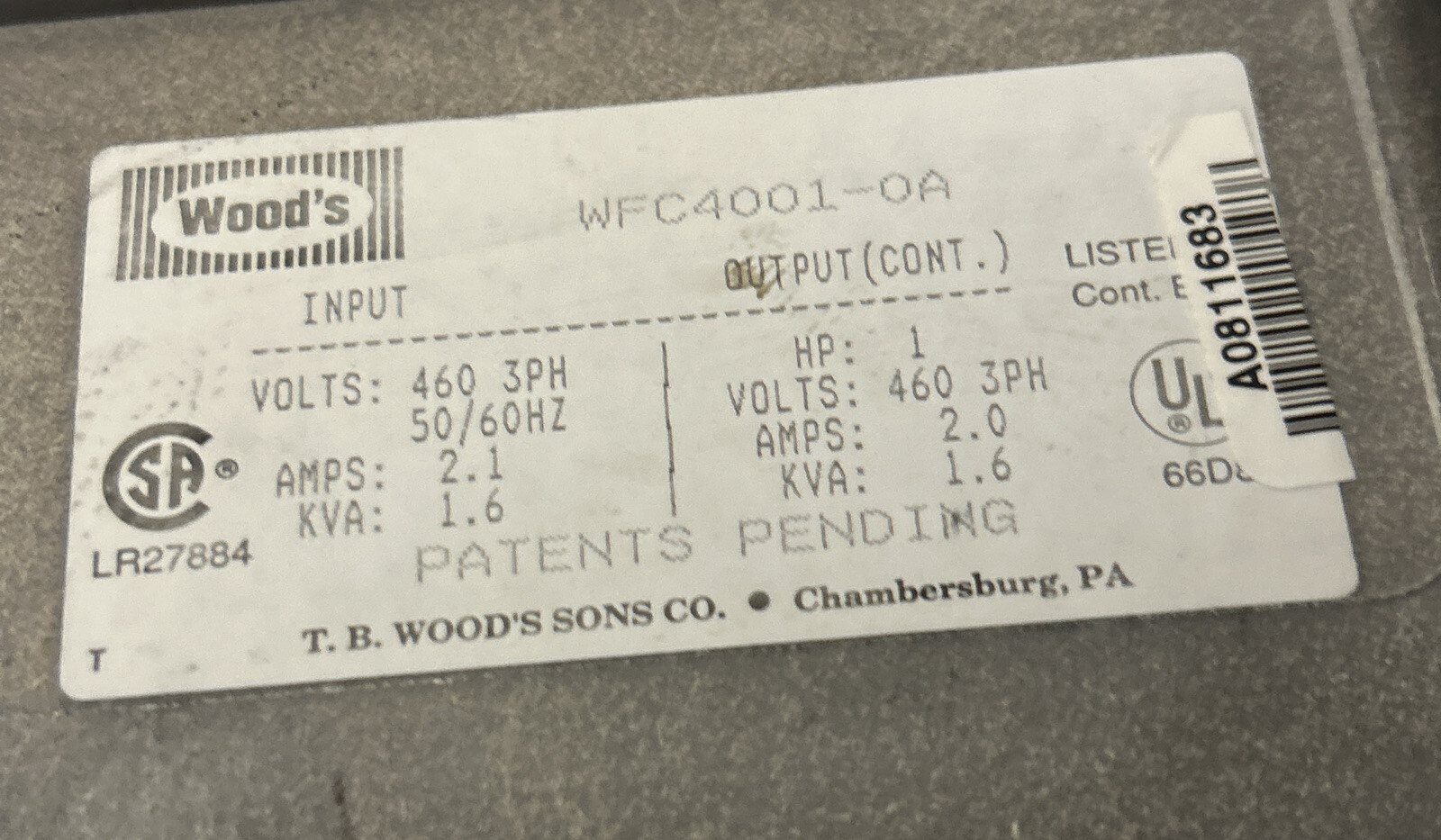 TB WOODS,WFC4001-0A,AC DRIVE 2.2A 460V 1HP NO COVER