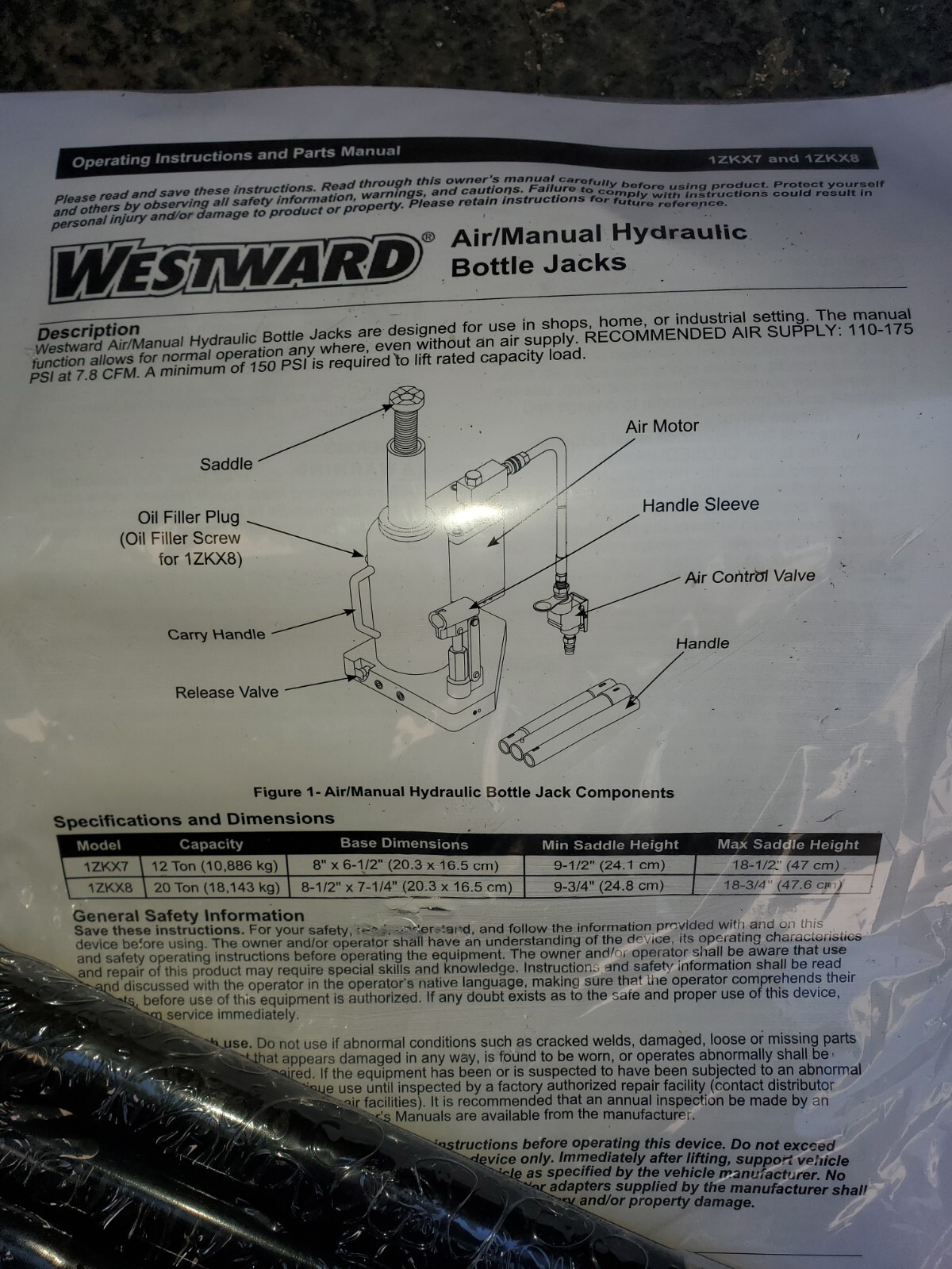 Westward 1ZKX8 Bottle Jack 20 Ton Air Manual Hydraulic Bottle Lift NEW FREE Ship