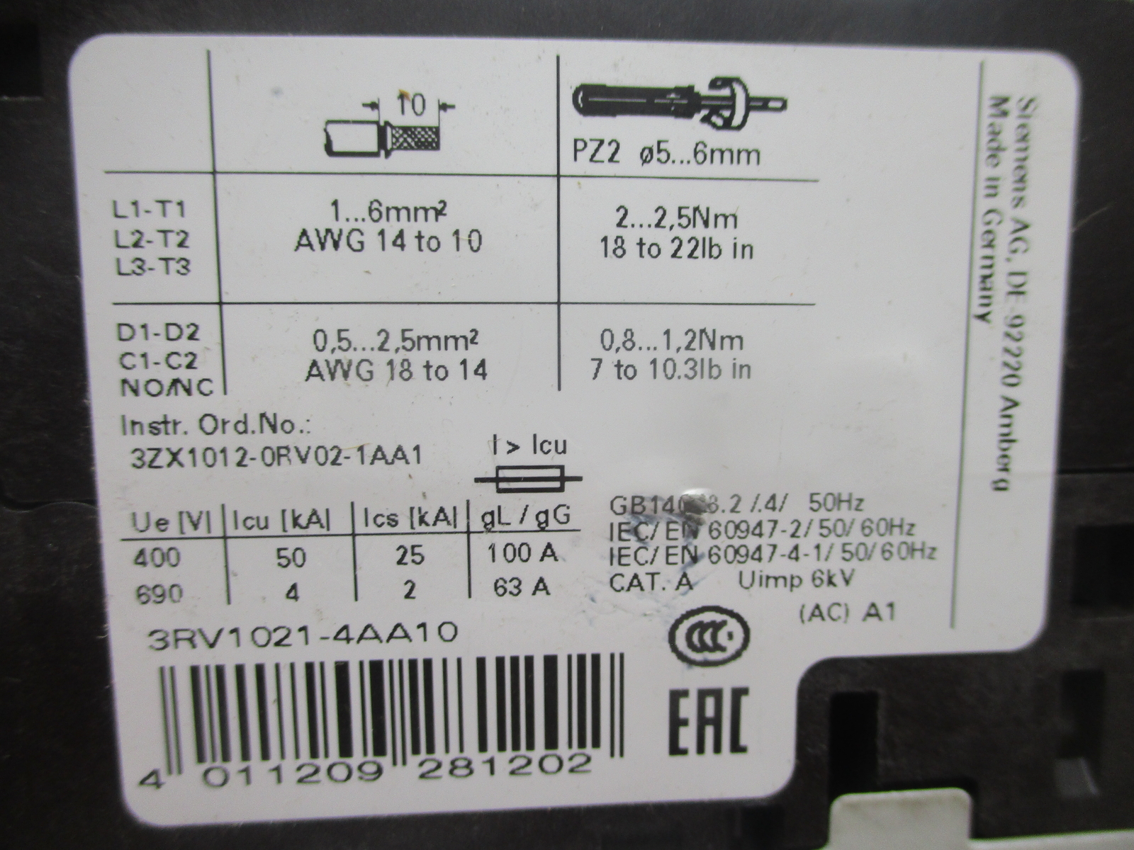 SIEMENS 3RV1021-4AA10 MOTOR STARTER 11-16AMP NSNP