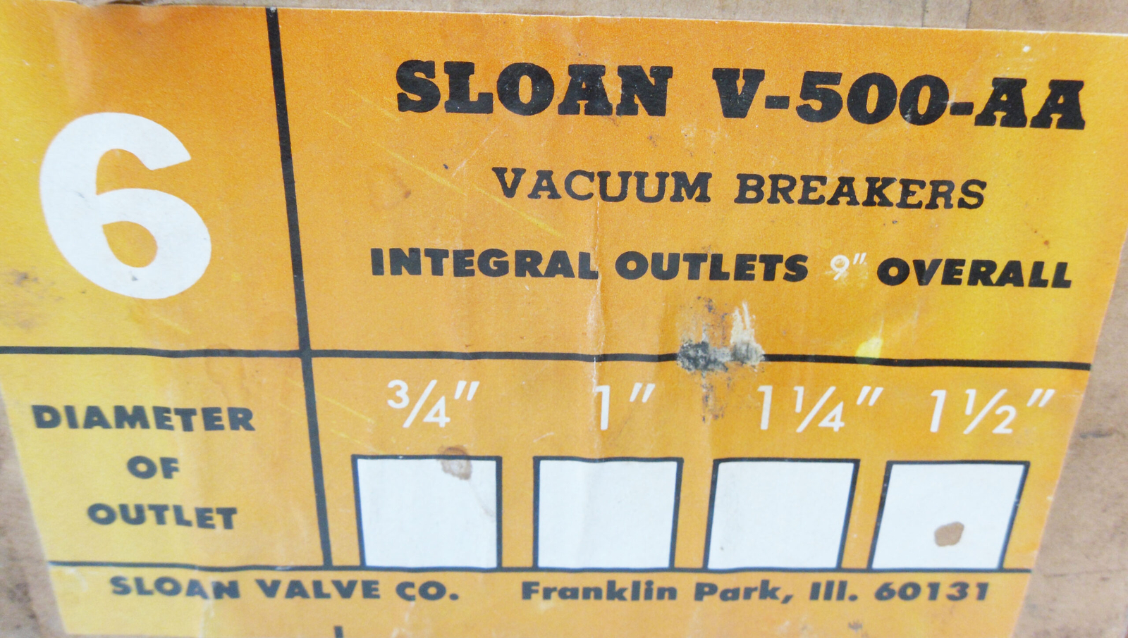 NEW BOX OF 5 SLOAN V-500-AA VACUUM BREAKERS 1-1/2″ *READ*