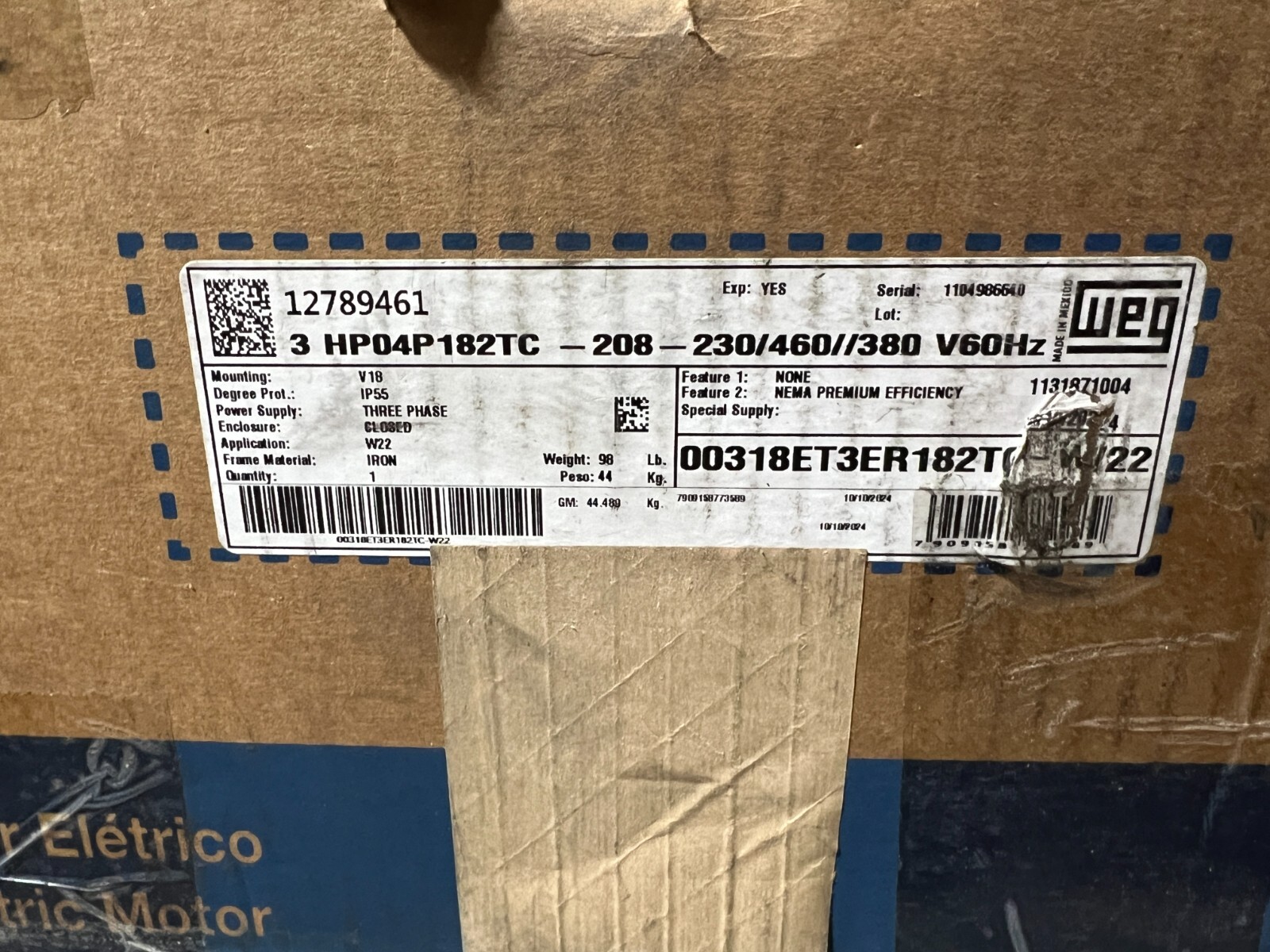 WEG 00318ET3ER182TC-W22 Motor 3hp 230-460v 3ph Frame 182TC W22 Severe Duty Motor