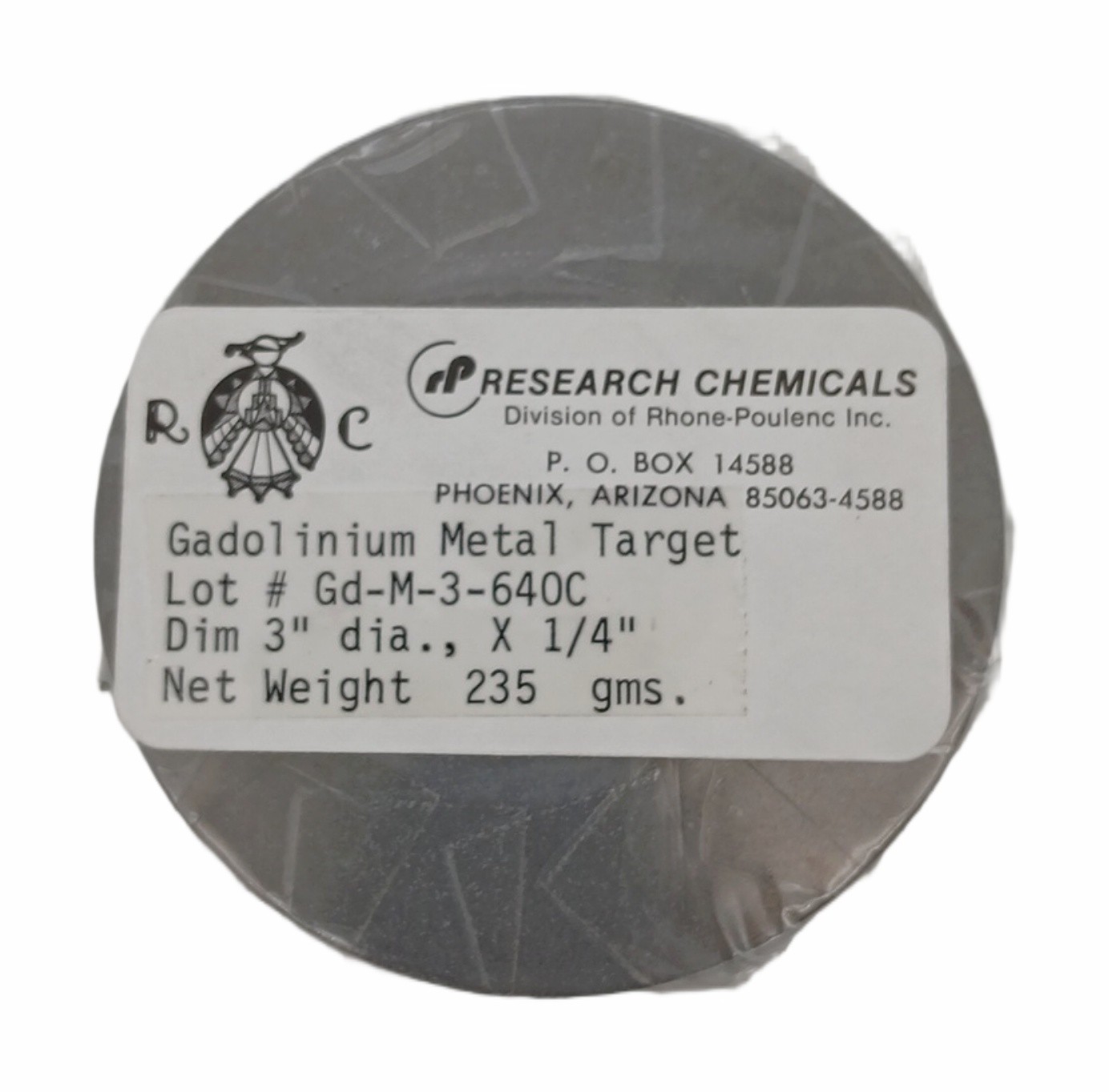 Gadolinium Sputter Target Gd 99.99% 3in Diameter 0.25in Thick
