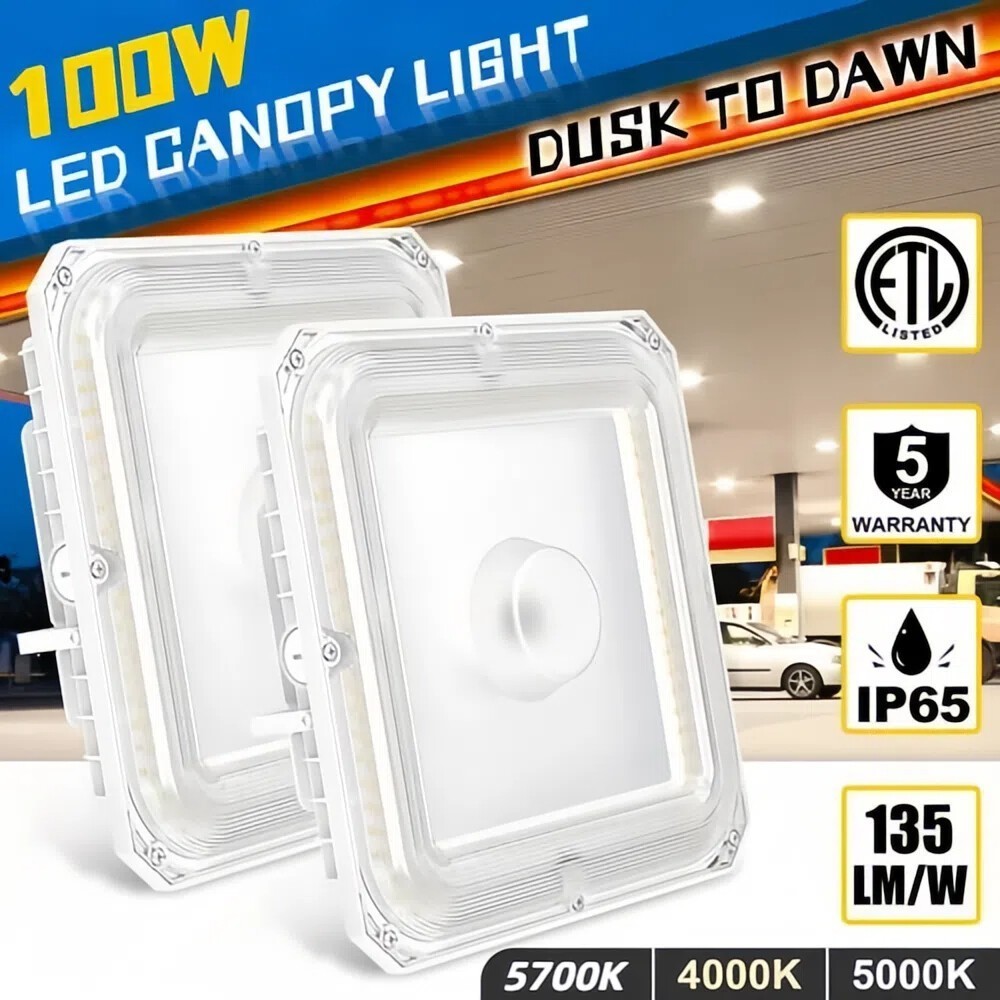 2 Pack100W LED Canopy Light for Gas Station 13500LM Parking Lot Garage Lighting