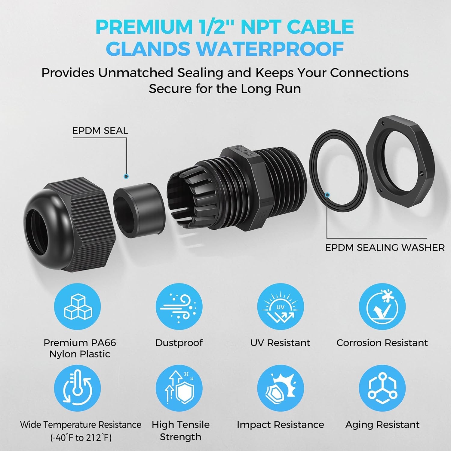 10PCS 1/2 inch NPT Cable Gland Waterproof, Industrial Grade IP68 Waterproof Cabl