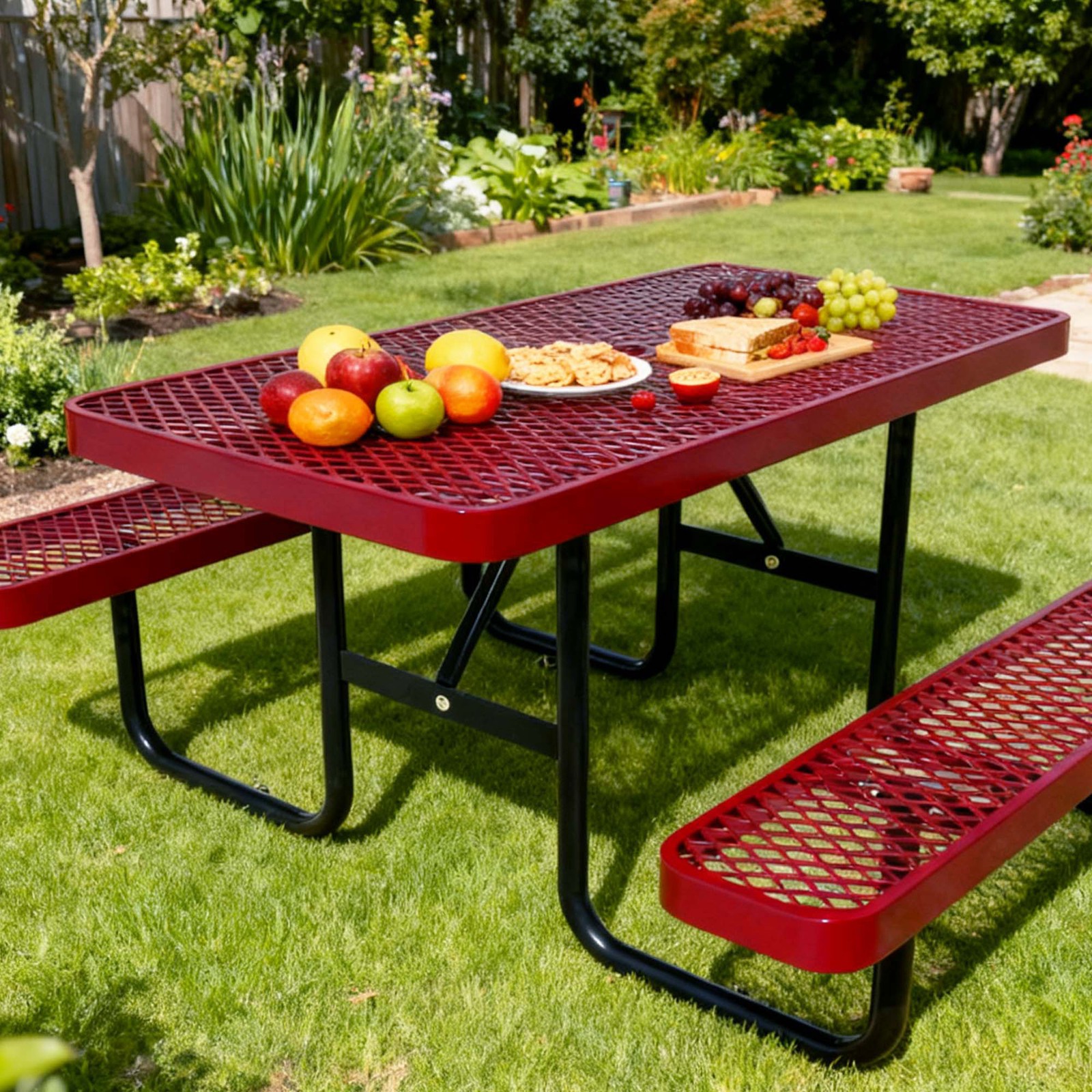 LAUCO Heavy Duty Rectangular Outdoor Picnic Table with Steel Frame Red, 72 inch