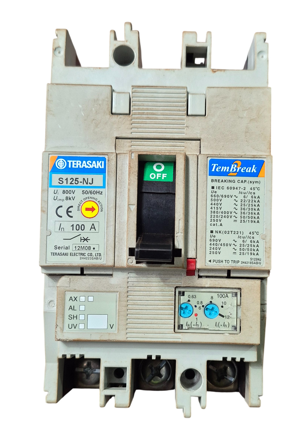 TERASAKI TemBreak S125-NJ 100A 3 Pole Circuit Breaker 8kV Rated 800V