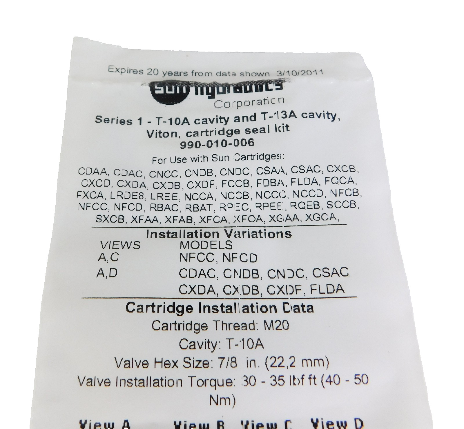 Genuine Sun Hydraulics Series 1-T-10A & T-13A Cavity Viton Seal Kit 990-010-006